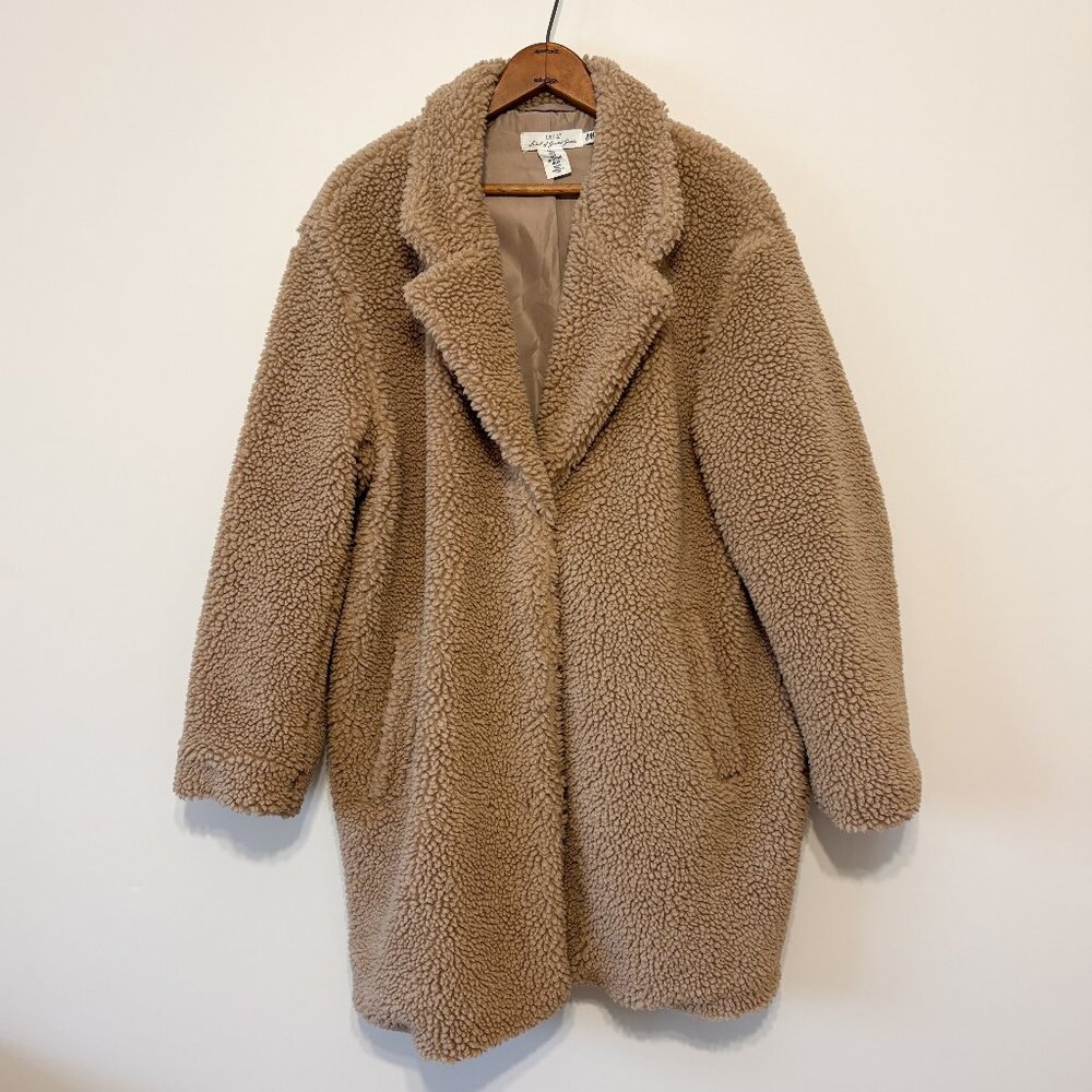 H&M L.O.G.G. Teddy Coat Mid Length Oversized Sherpa Jacket Beige Tan SMALL